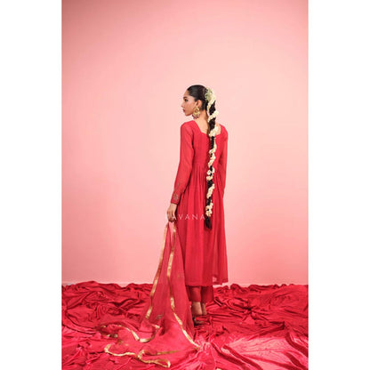 KAVANA Women Embroidered Red Rituja Chanderi Kurta with Pant