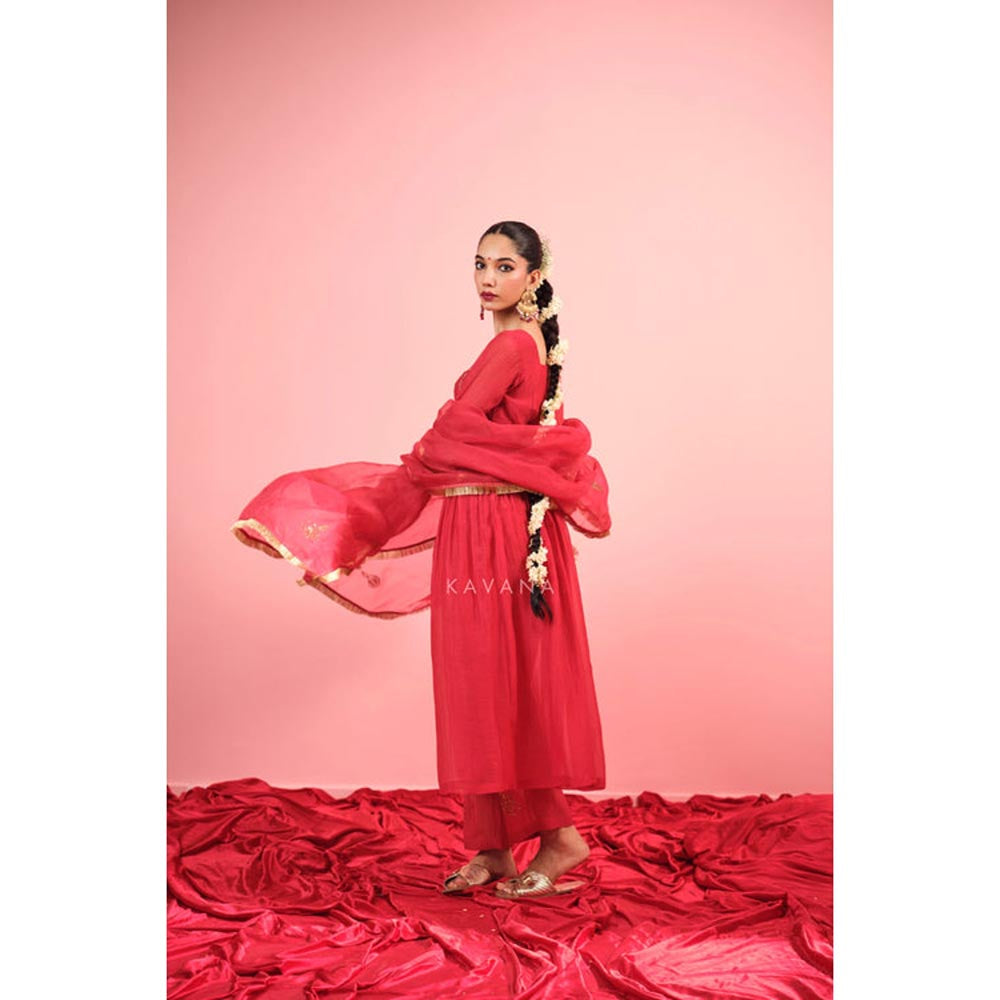 KAVANA Women Embroidered Red Rituja Chanderi Kurta with Pant