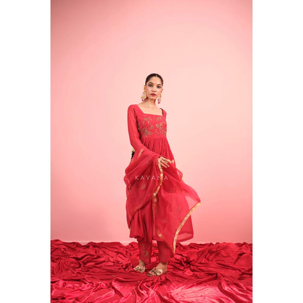 KAVANA Women Embroidered Red Rituja Chanderi Kurta with Pant