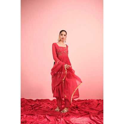 KAVANA Women Embroidered Red Rituja Chanderi Kurta with Pant