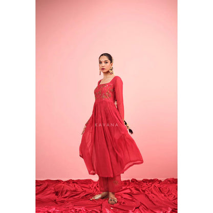 KAVANA Women Embroidered Red Rituja Chanderi Kurta with Pant