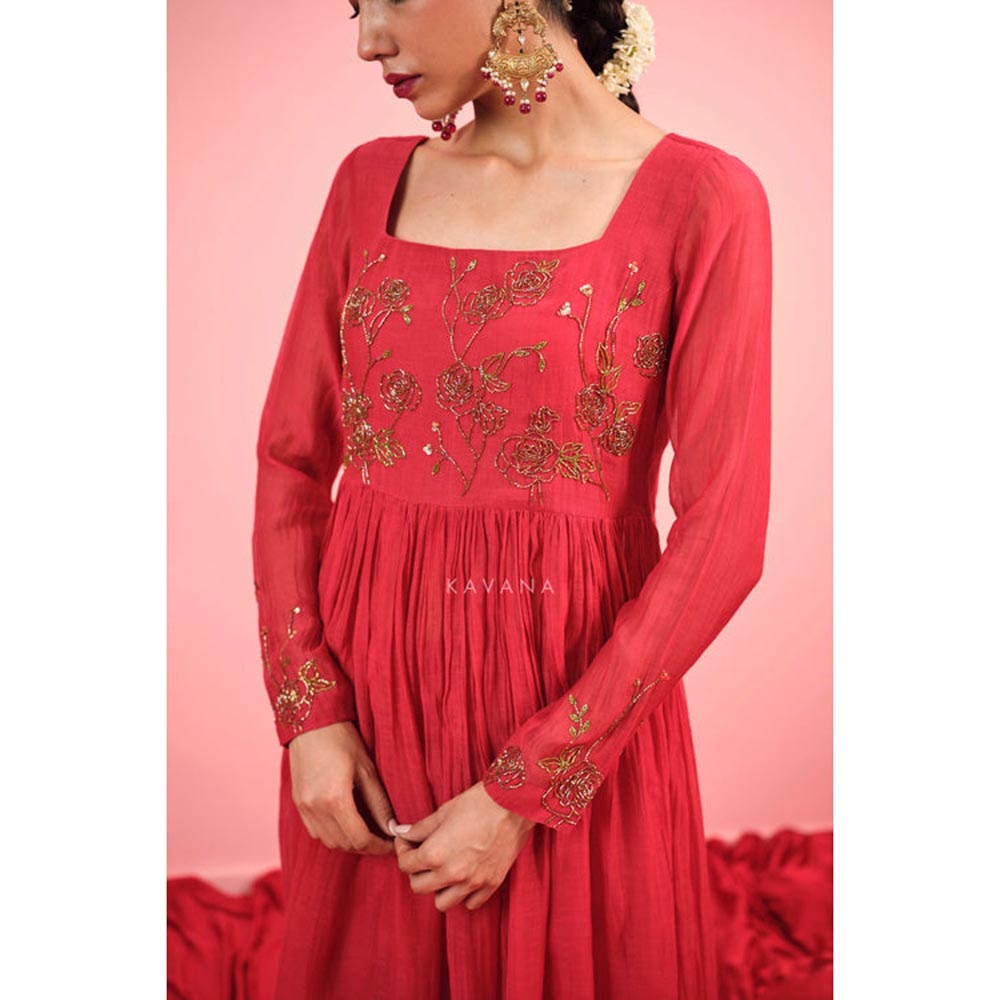 KAVANA Women Embroidered Red Rituja Chanderi Kurta with Pant