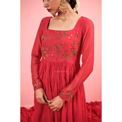 KAVANA Women Embroidered Red Rituja Chanderi Kurta with Pant