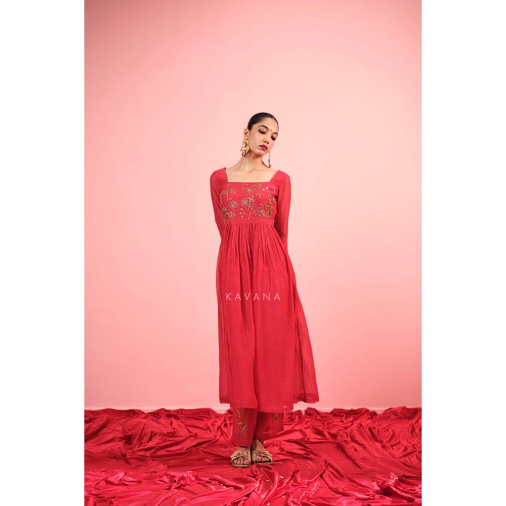 KAVANA Women Embroidered Red Rituja Chanderi Kurta with Pant