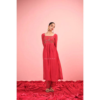 KAVANA Women Embroidered Red Rituja Chanderi Kurta with Pant