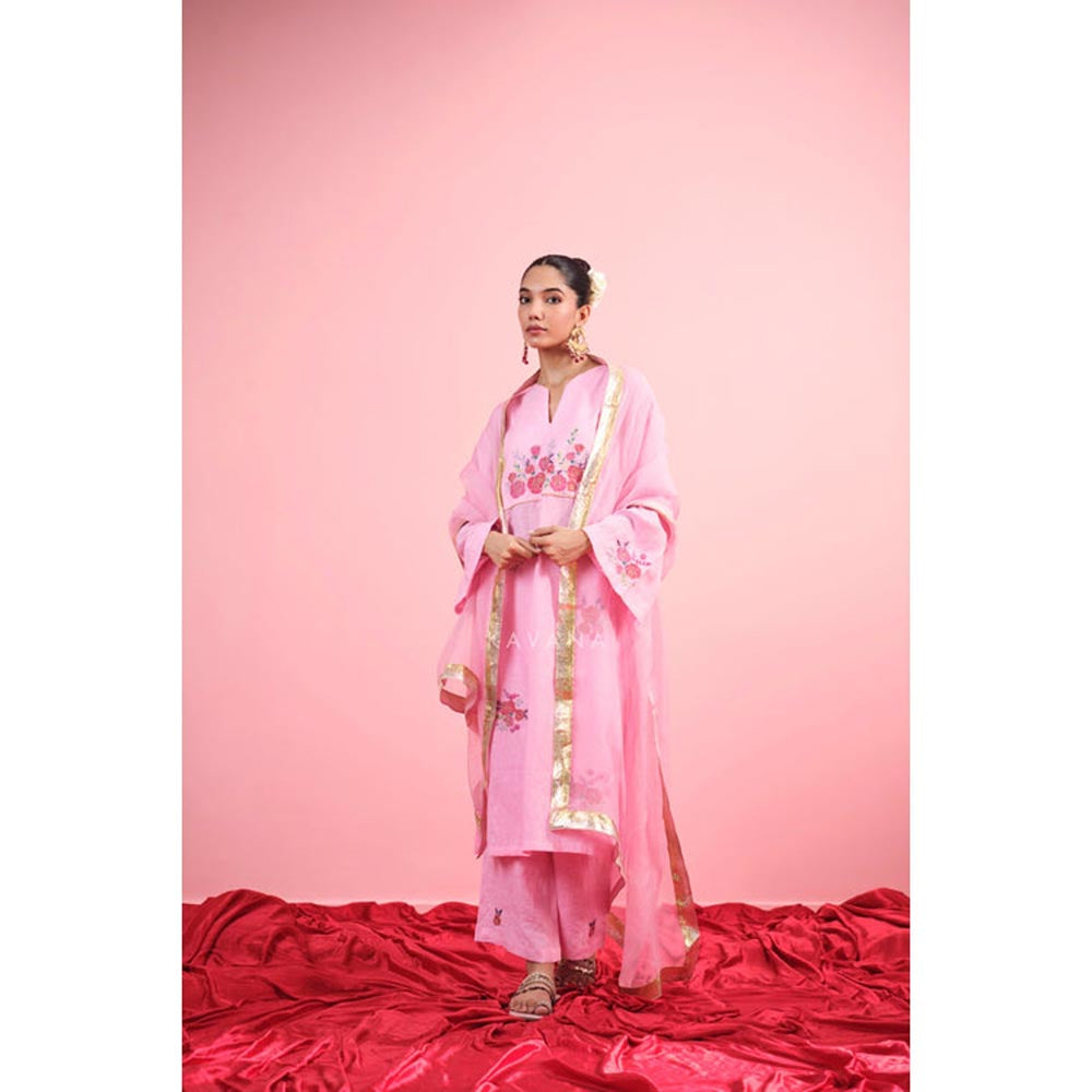 KAVANA Women Pink Floral Print Gulab Linen Straight Kurta with Palazzos