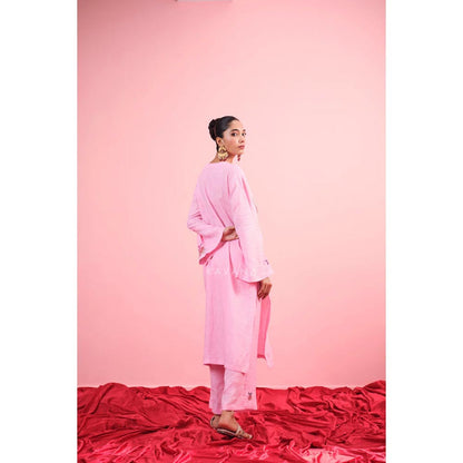 KAVANA Women Pink Floral Print Gulab Linen Straight Kurta with Palazzos