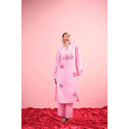 KAVANA Women Pink Floral Print Gulab Linen Straight Kurta with Palazzos