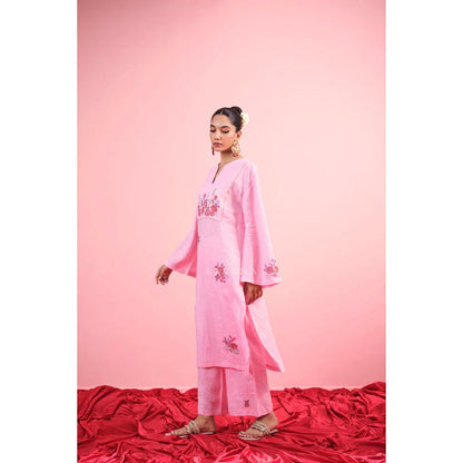 KAVANA Women Pink Floral Print Gulab Linen Straight Kurta with Palazzos