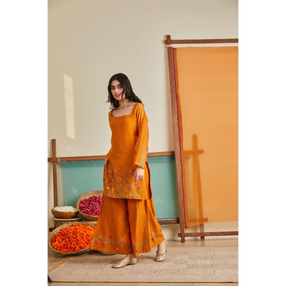 KAVANA Women Embroidered Rust Saanjh Kurta with Palazzo