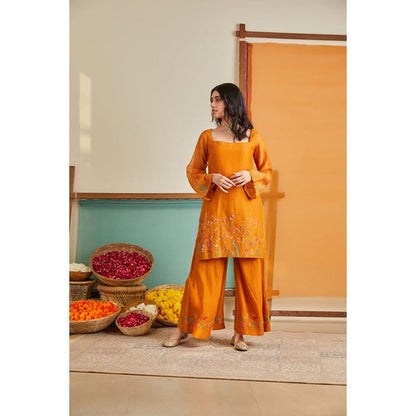 KAVANA Women Embroidered Rust Saanjh Kurta with Palazzo