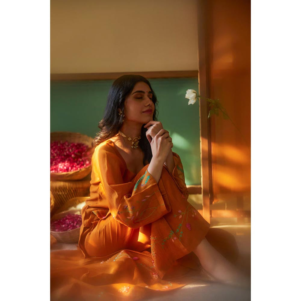 KAVANA Women Embroidered Rust Saanjh Kurta with Palazzo