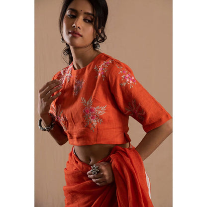 KAVANA Women Embroidered Orange Silsila Linen Stitched Blouse