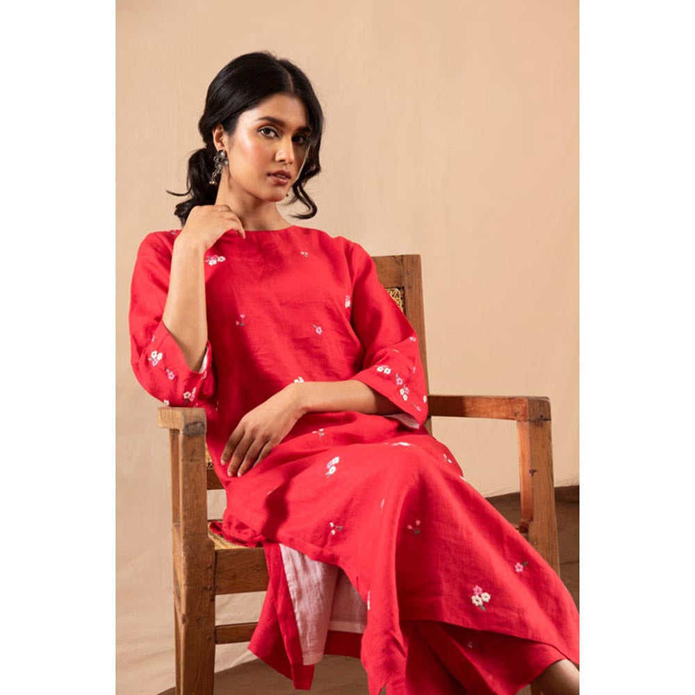 KAVANA Women Embroidered Red Shamaa Kurta and Pant