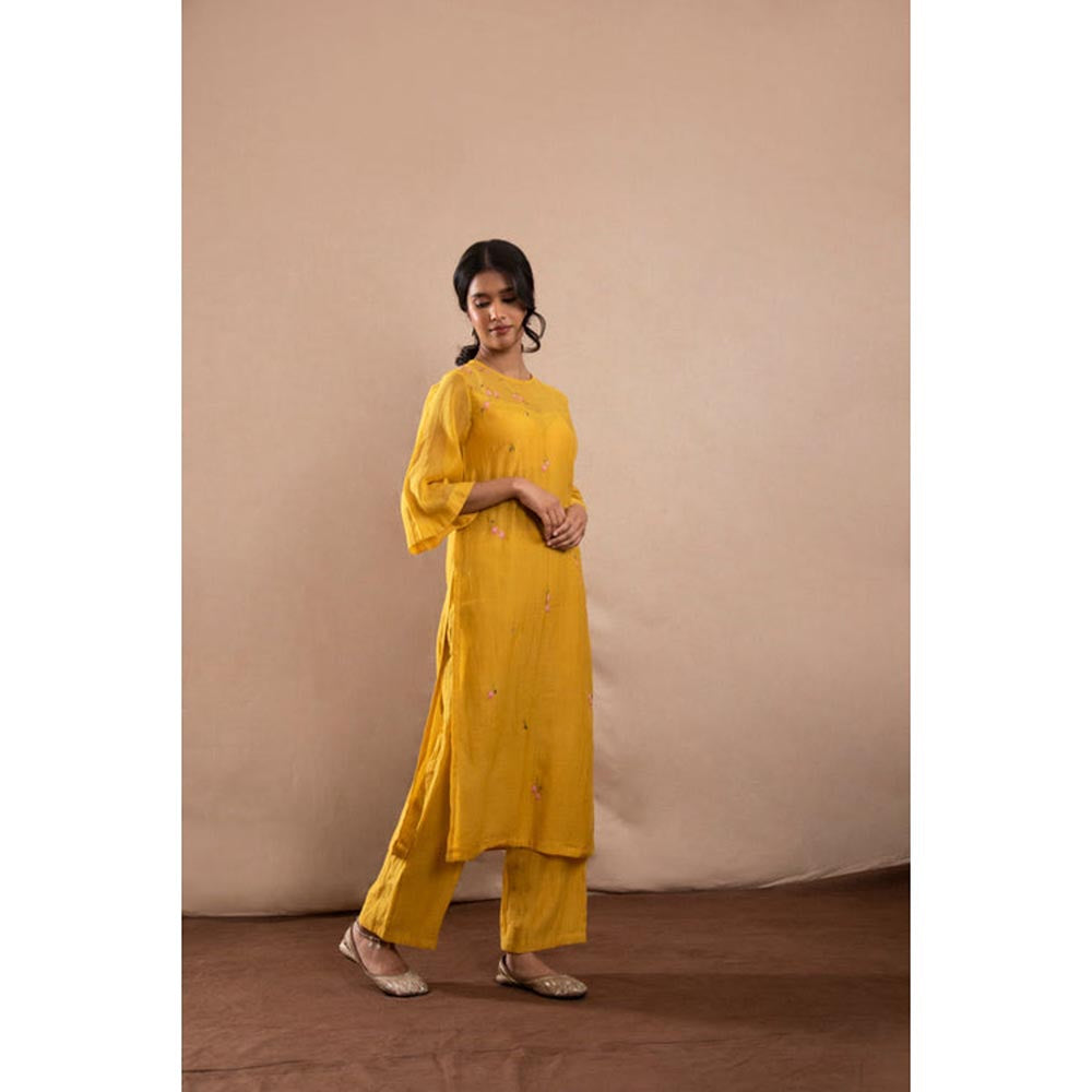 KAVANA Women Embroidered Mustard Zafran Kurta and Pant