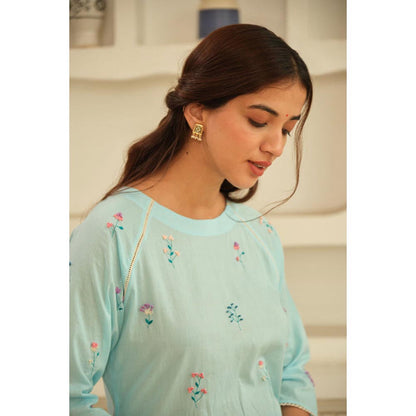 KAVANA Women Floral Full Sleeves Lemon-Yellow Hand Cotton Kurta with Pant