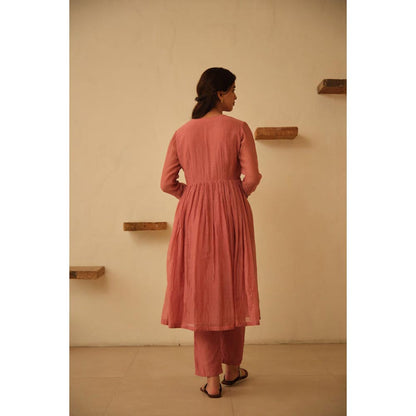 KAVANA Women Floral Full Sleeves Mauve Hand Embroidered Chanderi Kurta with Pant