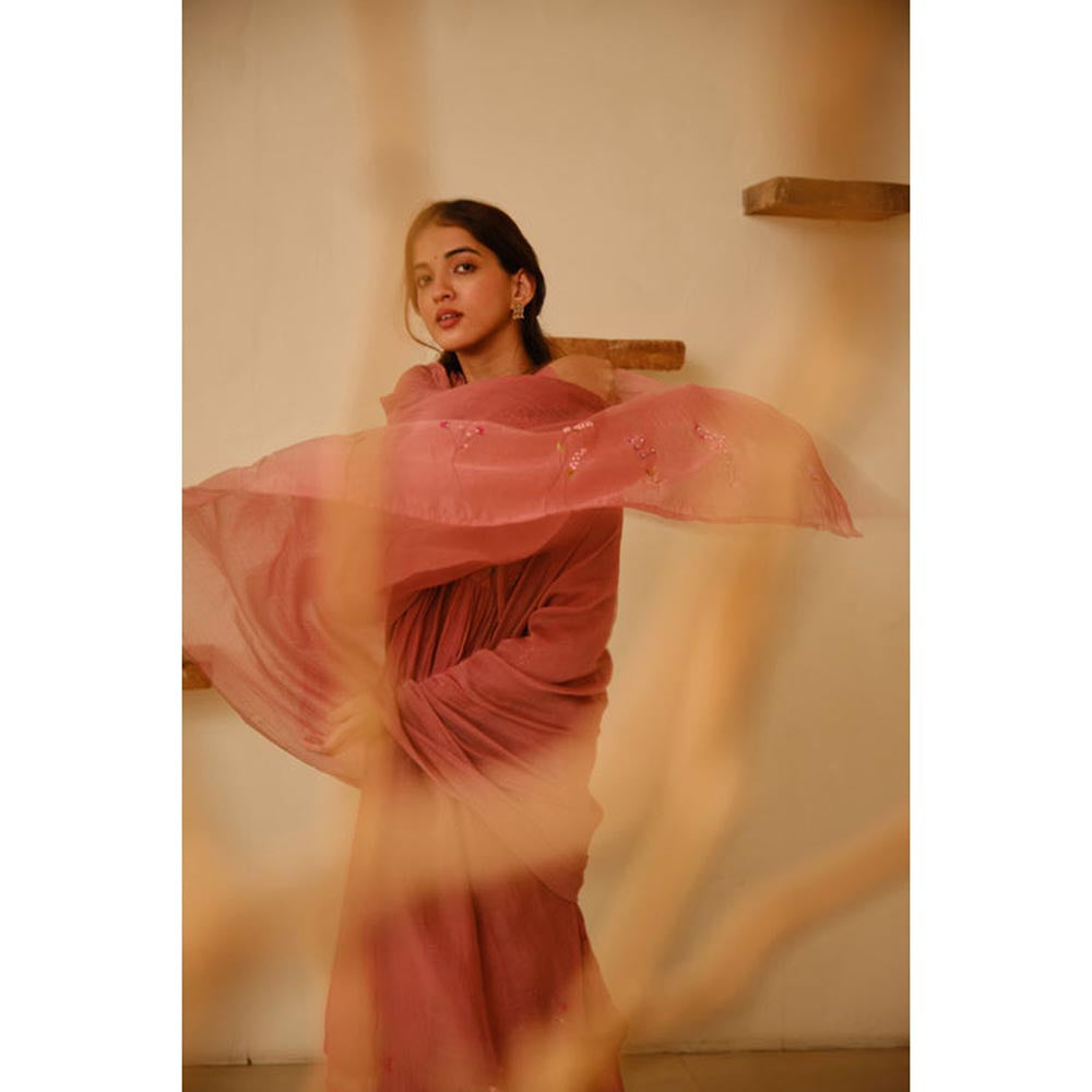 KAVANA Women Floral Full Sleeves Mauve Hand Embroidered Chanderi Kurta with Pant