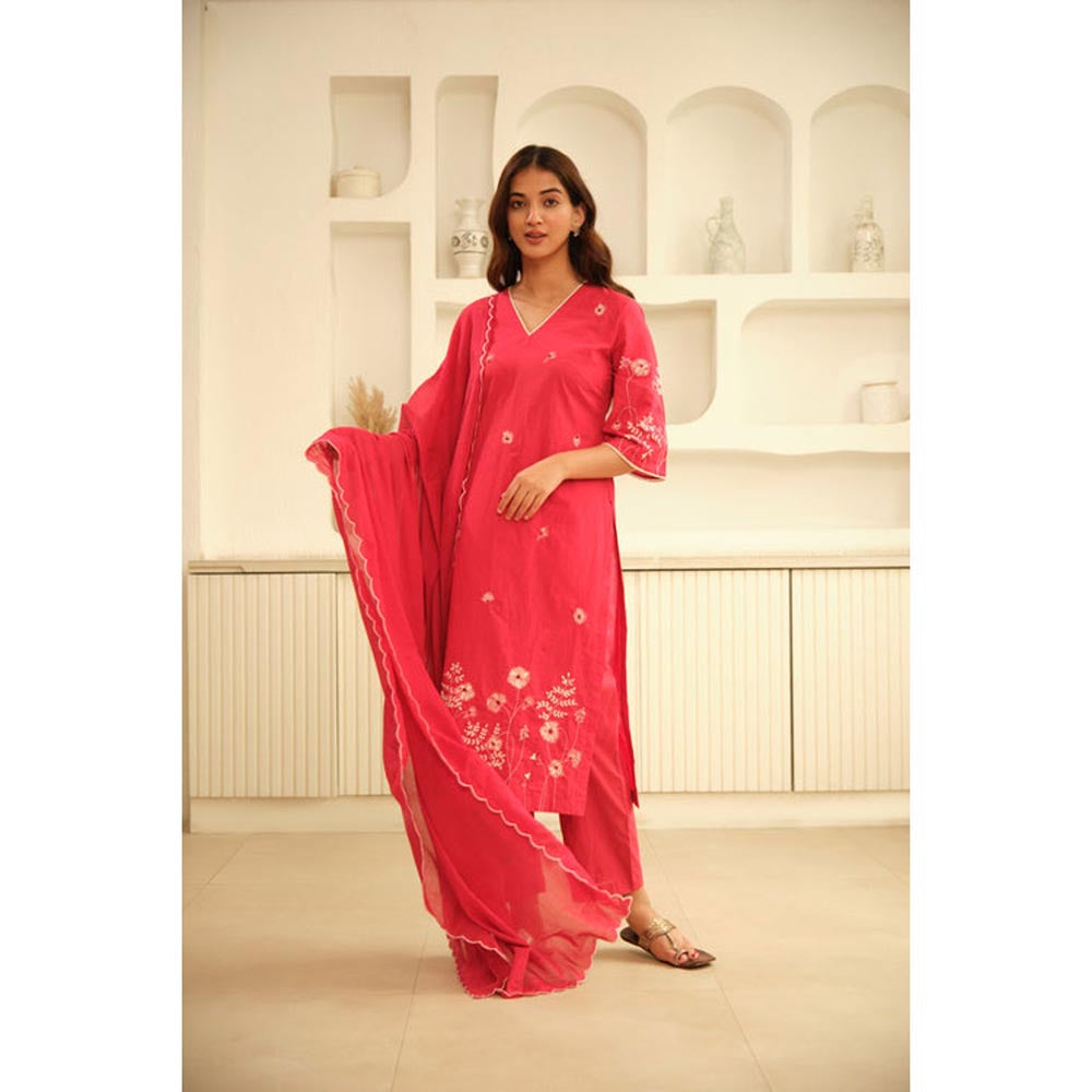 KAVANA Women Red Hand Embroidery with Lace Details Sotton Kurta with Pant