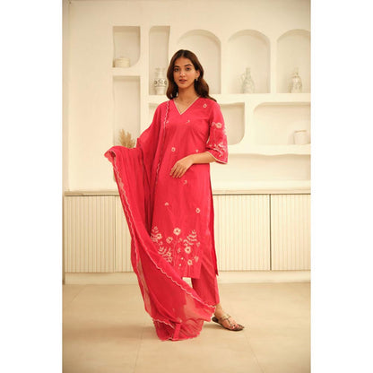 KAVANA Women Red Hand Embroidery with Lace Details Sotton Kurta with Pant