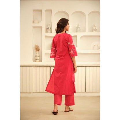 KAVANA Women Red Hand Embroidery with Lace Details Sotton Kurta with Pant