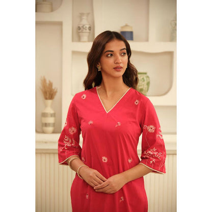 KAVANA Women Red Hand Embroidery with Lace Details Sotton Kurta with Pant