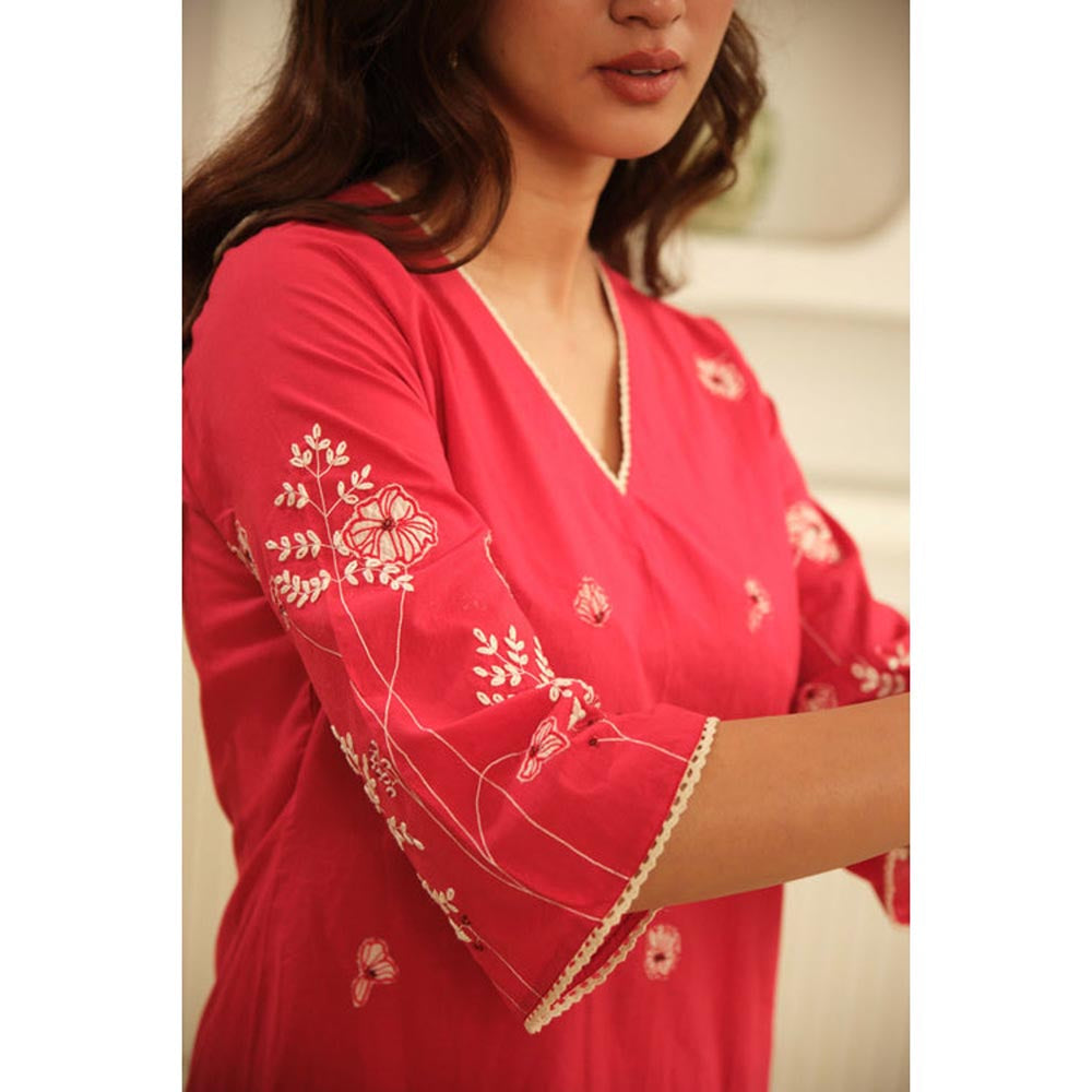 KAVANA Women Red Hand Embroidery with Lace Details Sotton Kurta with Pant