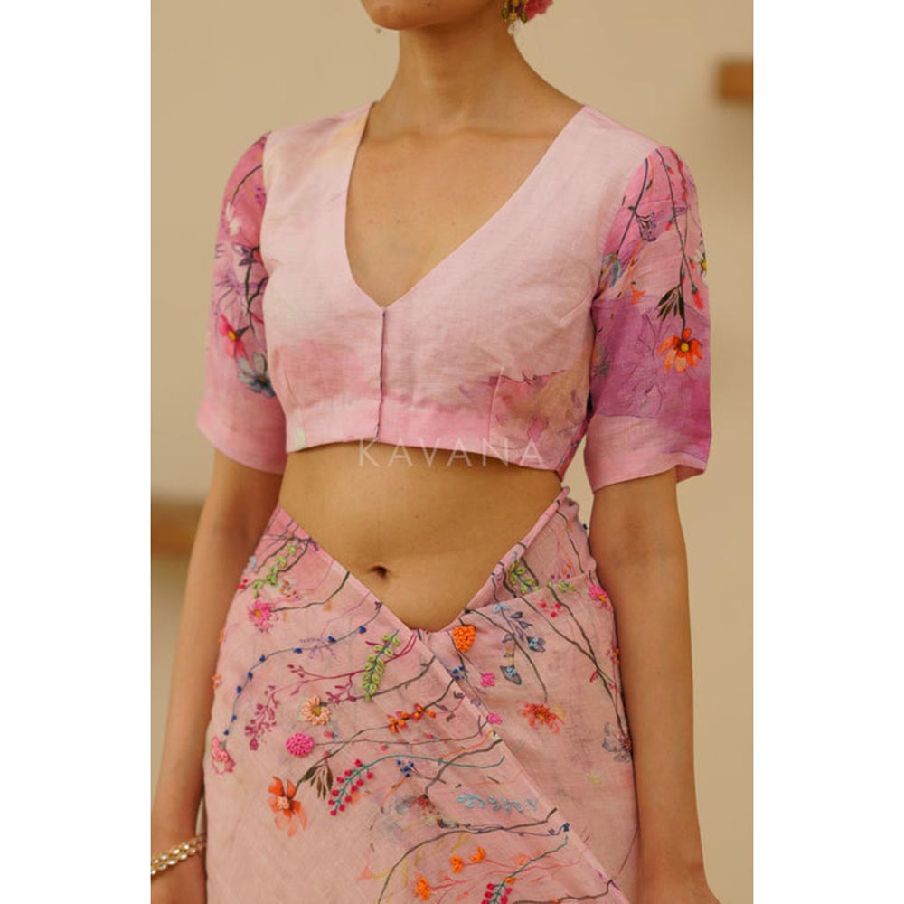 KAVANA Women Floral Print Pink Farah Linen Stitched Blouse