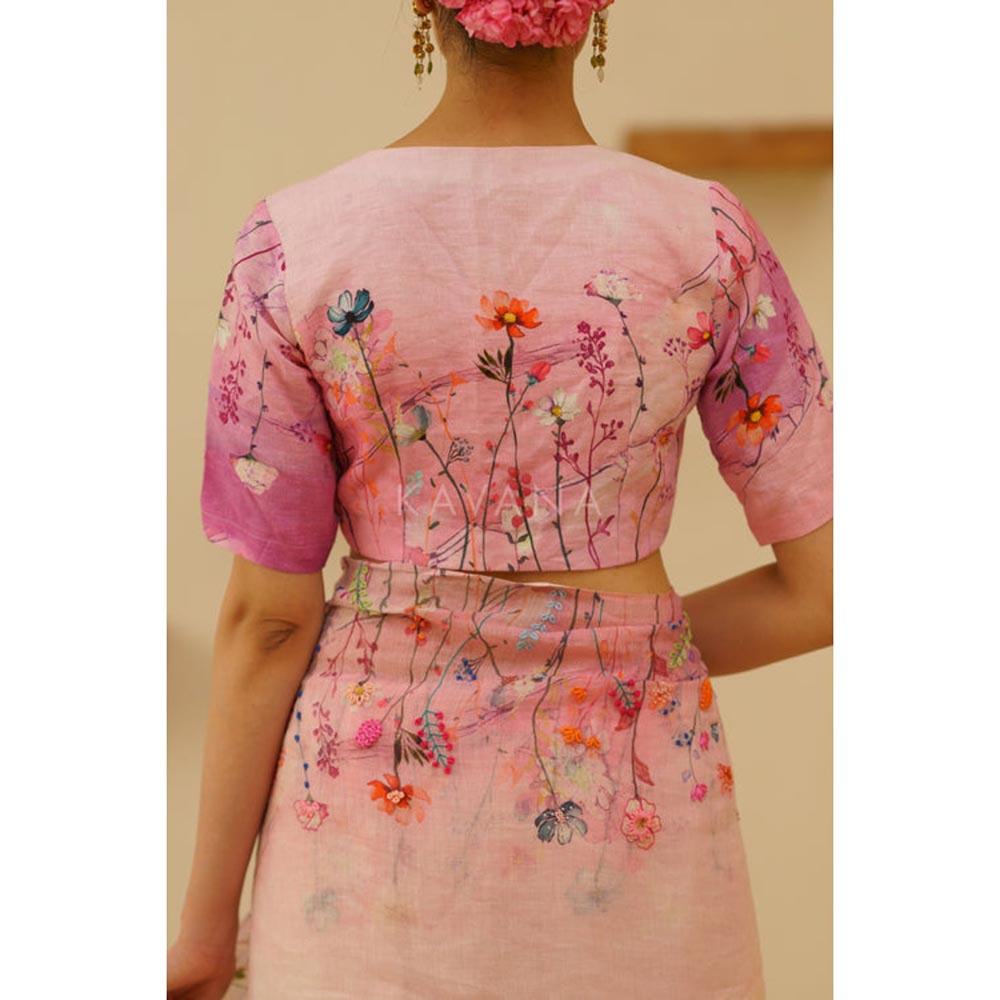 KAVANA Women Floral Print Pink Farah Linen Stitched Blouse