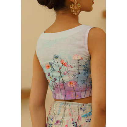 KAVANA Women Floral Print White Seher Linen Stitched Blouse