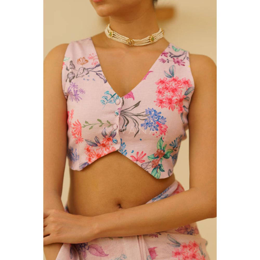 KAVANA Women Floral Print Pink Gauhar Linen Stitched Blouse