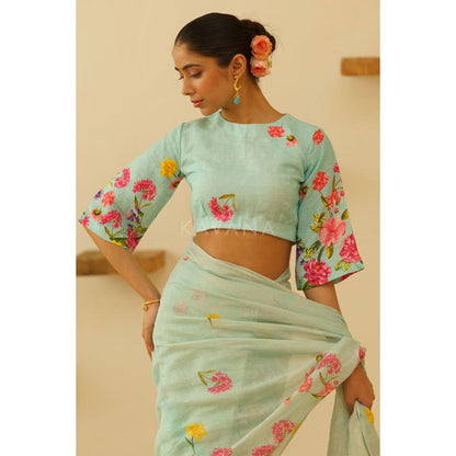KAVANA Women Floral Print Blue Neesa Linen Stitched Blouse