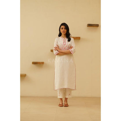 KAVANA Women White Farog Embroidered Straight Kurta with Pant