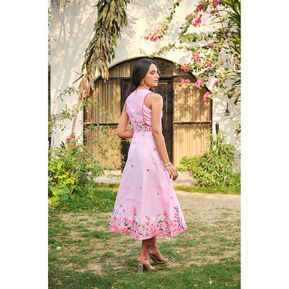 KAVANA Women Floral Embroidered Pink Anaar Dana A-Line Midi Dress