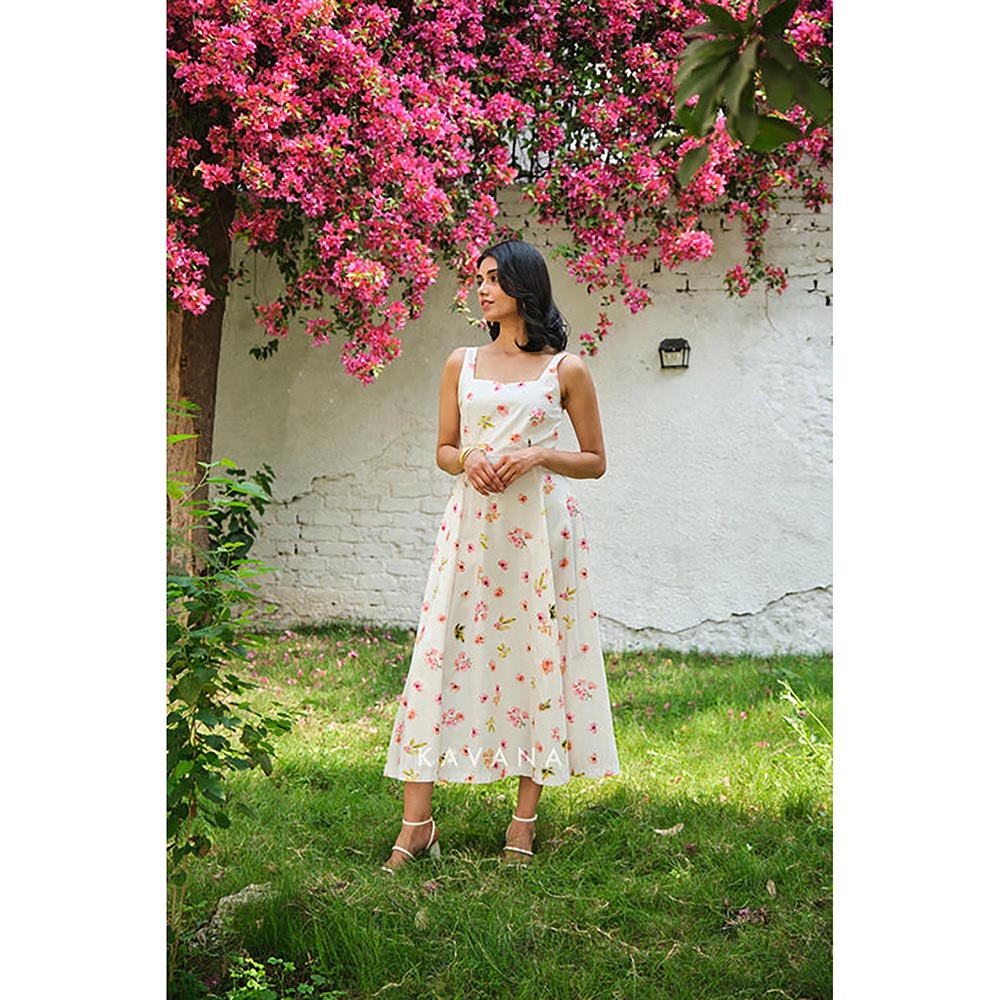 KAVANA Women Floral Print Cream Ukiyo A-Line Midi Dress