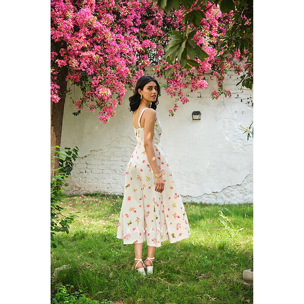 KAVANA Women Floral Print Cream Ukiyo A-Line Midi Dress