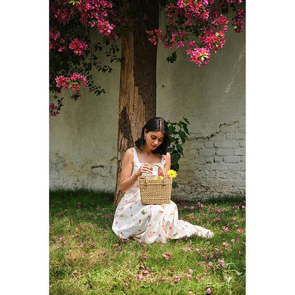 KAVANA Women Floral Print Cream Ukiyo A-Line Midi Dress