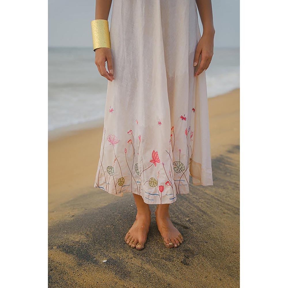 KAVANA Women Floral Print Cream Gulnaar Linen A-Line Midi Dress