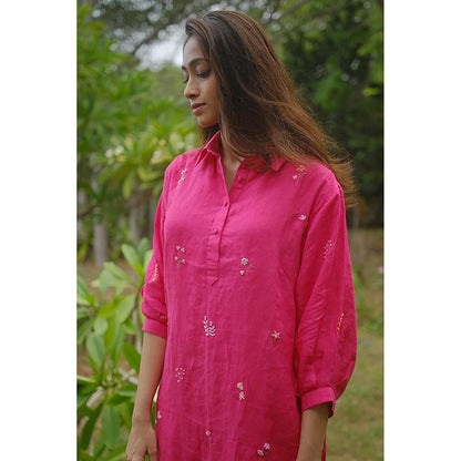 KAVANA Women Floral Embroidered Pink Erum Linen A-Line Midi Dress