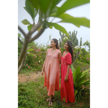 KAVANA Women Floral Embroidered Red Aaira Linen A-Line Maxi Dress