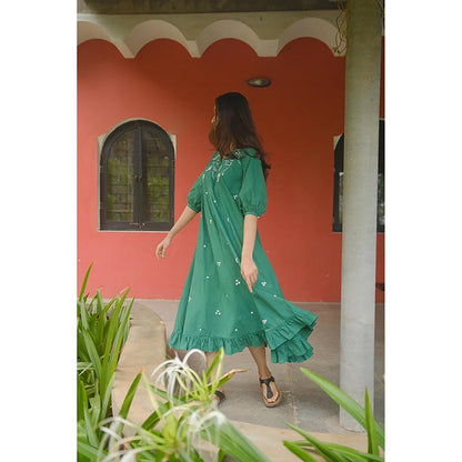 KAVANA Women Floral Embroidered Green Inaya Cotton A-Line Midi Dress