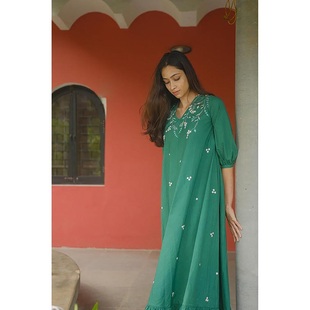 KAVANA Women Floral Embroidered Green Inaya Cotton A-Line Midi Dress