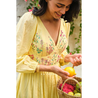 KAVANA Women Floral Embroidered Yellow Sandhya A-Line Midi Dress