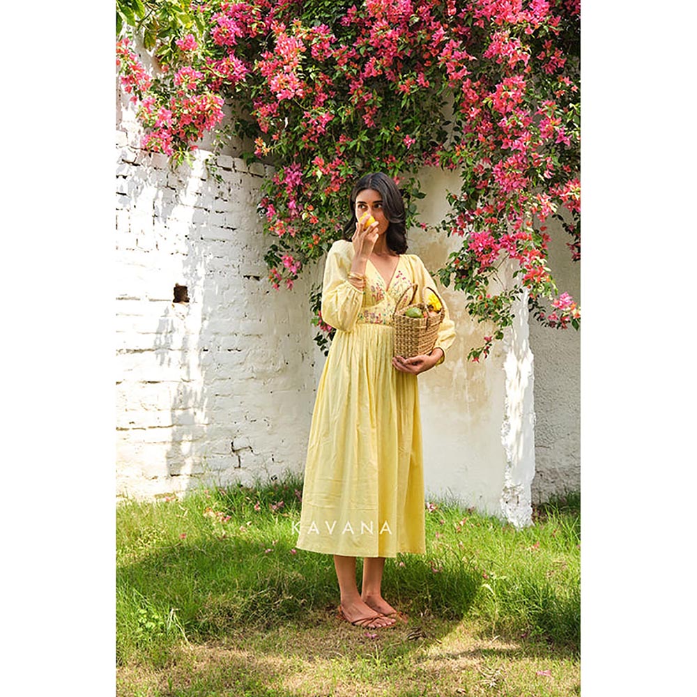 KAVANA Women Floral Embroidered Yellow Sandhya A-Line Midi Dress
