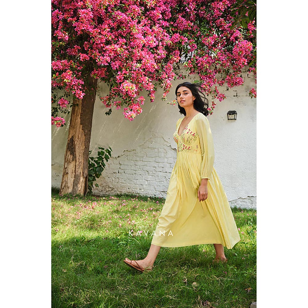 KAVANA Women Floral Embroidered Yellow Sandhya A-Line Midi Dress