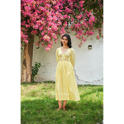 KAVANA Women Floral Embroidered Yellow Sandhya A-Line Midi Dress
