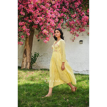 KAVANA Women Floral Embroidered Yellow Sandhya A-Line Midi Dress