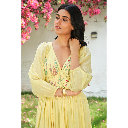KAVANA Women Floral Embroidered Yellow Sandhya A-Line Midi Dress