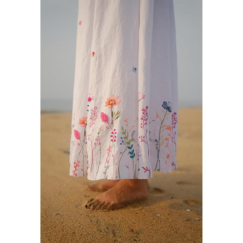 KAVANA Women Floral Embroidered Off White Zara Linen A-Line Maxi Dress