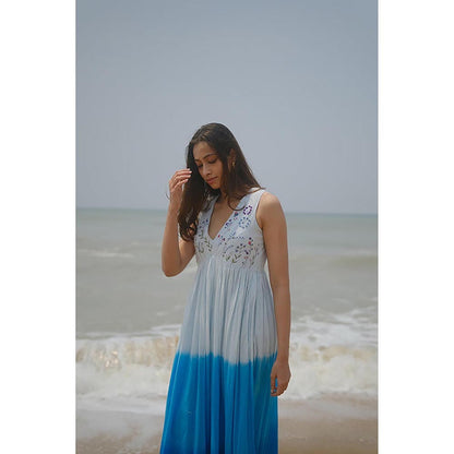 KAVANA Women Ombre Print Blue Lehr Cotton A-Line Maxi Dress